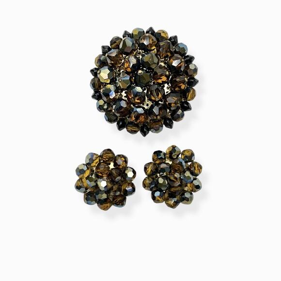 Vintage Brooch And Cluster Clip Earrings Brown AB Rhinestones Beads Gold Tone - Picture 10 of 13